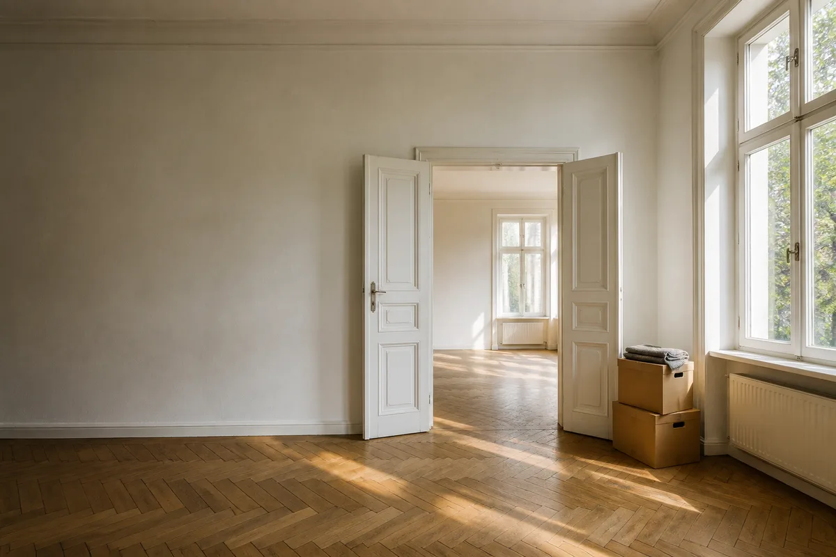 Lichtdurchflutete, freigeräumte Berliner Altbauwohnung – illustratives Motiv
